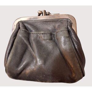 Vintage Sheepskin Black Leather Coin Purse Metal Clasp Frame  Inner Lining•40